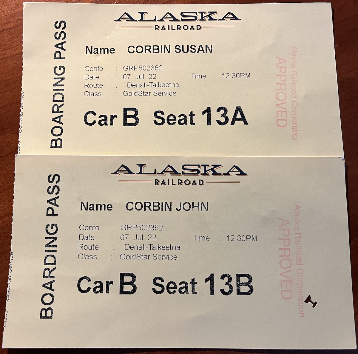 Alaska Railroad tickets for John and Susan