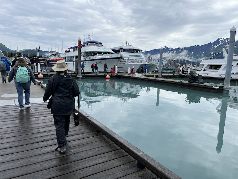 People walking down a dock to tour boats