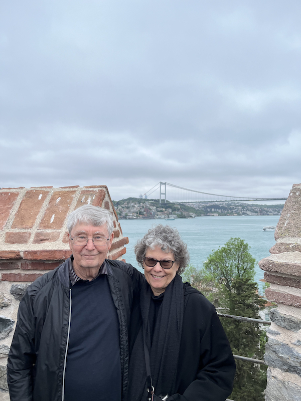 John and Susan in warm clothing at the top of the Anadolu Hisari in Istanbul