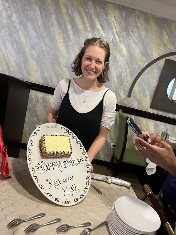 Becky and her birthday cake at orientation in the Jupiter Hotel in Addis Ababa, Ethiopia