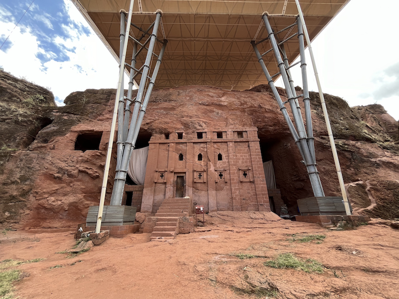 Outside of a stone church in Lalibela, Ethiopia