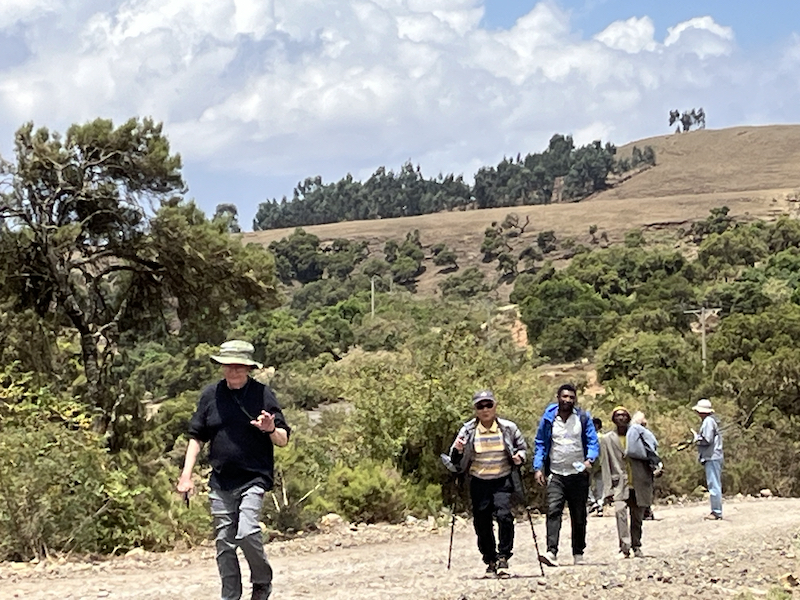 John leading the group at the end of the first hike in the Simien Mountains in Ethiopia