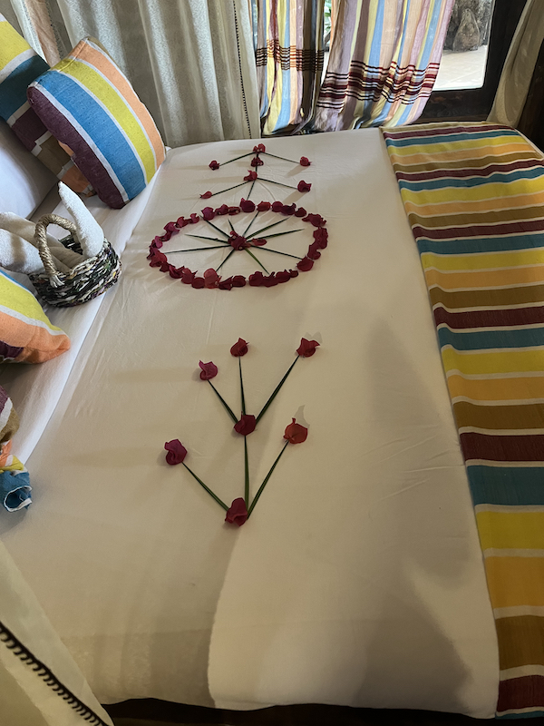 Flowers art on the bed in  Kurifu Lodge in Bahir Dar, Ethiopia